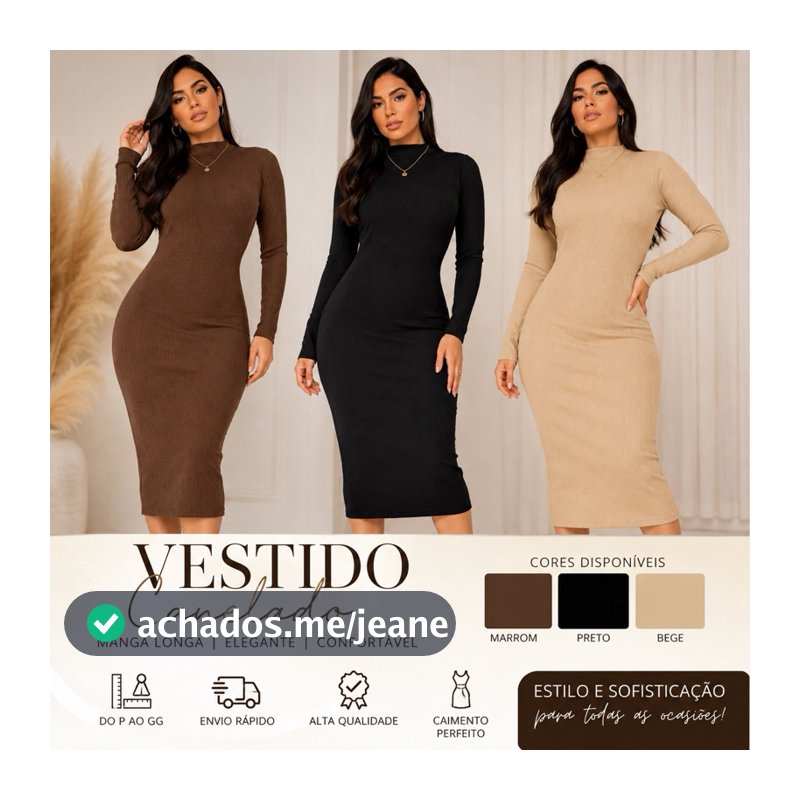 Vestido Feminino Mídi Canelado Manga Longa  Gola Alta Com Fenda Lateral Ribana Inverno Estica bem Envio Imediato