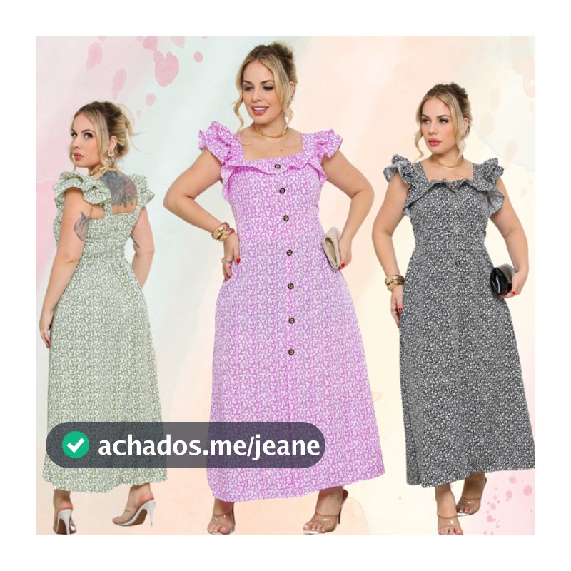 Vestido Longo Florido Babado Manga Botao Frontal Alça Dupla
