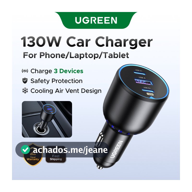 Carregador Rápido De Carro UGREEN 130W PD3.0 USB Tipo C Para iPhone 15 14 Pro Max 13 12 Tabet Notebooks
