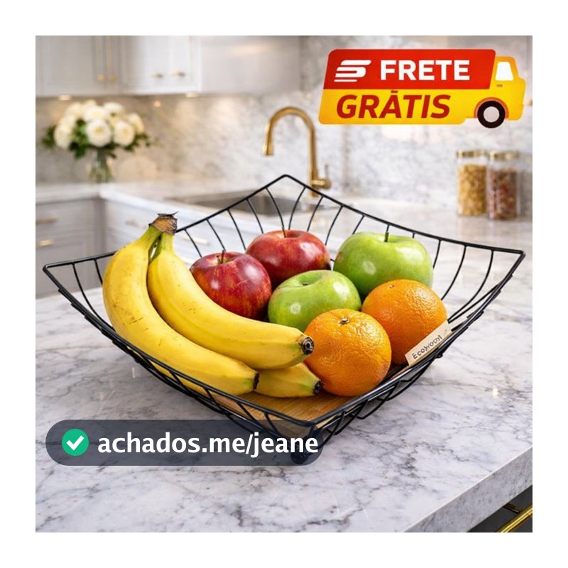 Fruteira de Mesa Aramada Industrial Preta com Base de Madeira - Cesto de Frutas Luxo Quadrado Decorativo para Cozinha...