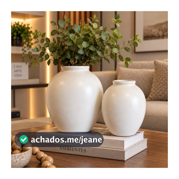 Dupla de Vasos Serena em Cerâmica Off White – Kit 2 Vasos Decorativos Modernos para Sala, Rack, Aparador