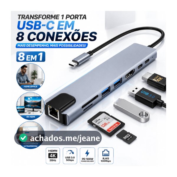 Hub USB C 8 Em 1 HDMI 4K Adaptador Type C Dock Station USB 3.0 RJ45 PD 100W Leitor SD TF Para Notebook MacBook Air M1 M2