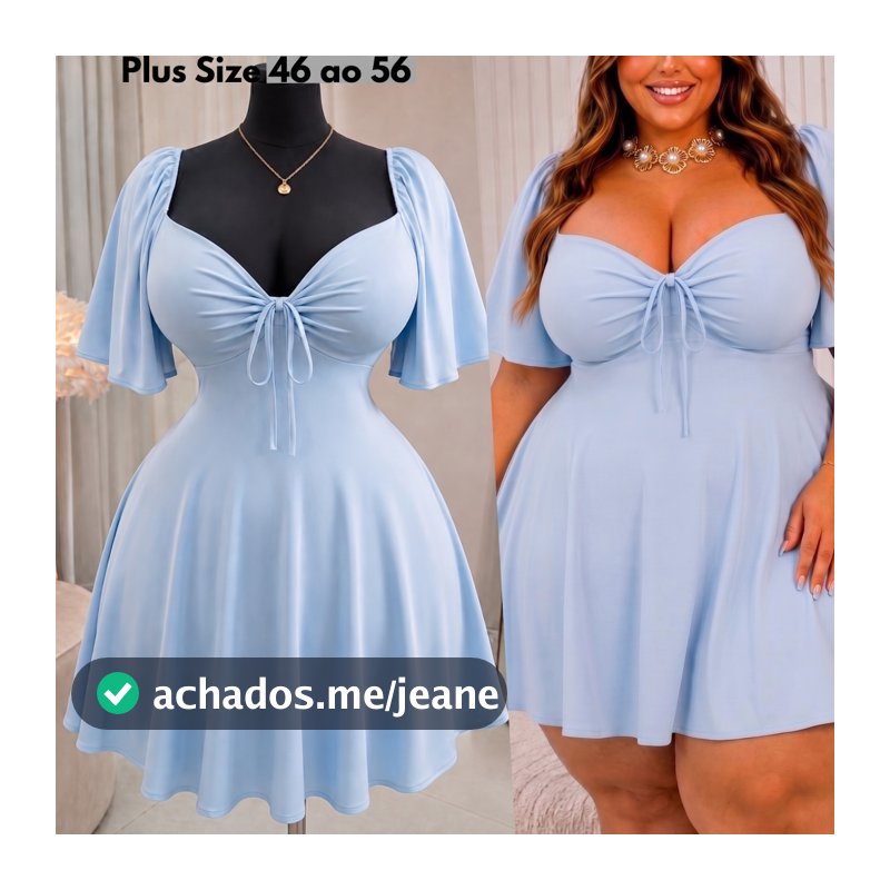 Vestido Plus Size Curto Vestido Rodado Acinturado Soltinho Manga Ciganinha Ombro a Ombro Elegante Aberto nas Costas