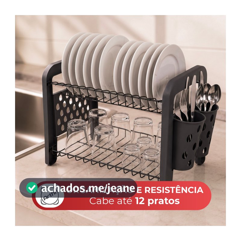 Escorredor De Louça 12 Pratos Duplo Desmontável Preto Escorredor de Pratos Porta Talheres Pia Arthi