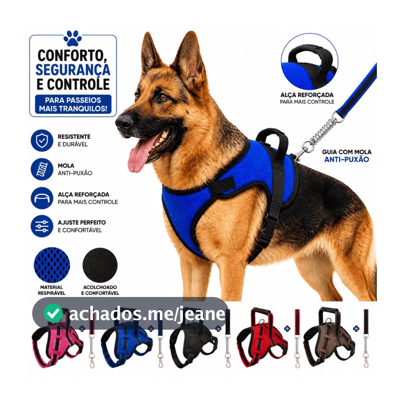 Peitoral para Cachorro Grande com Guia Antipuxão Regulável | Pitbull, Rottweiler, Doberman e Raças Fortes