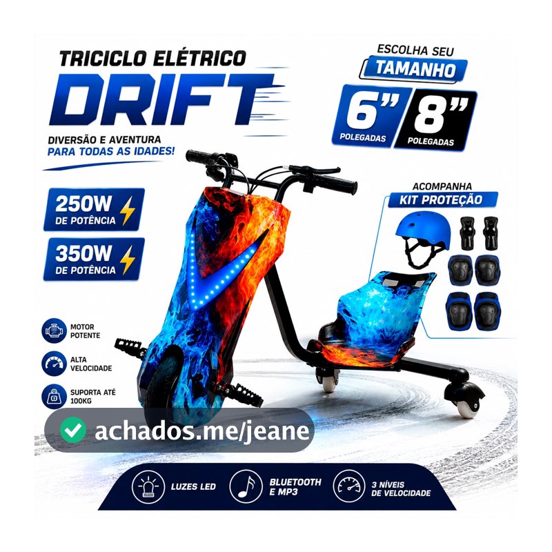 Patinete Elétrico 8" Poleg. 3 Rodas Triciclo Infantil 3 Drift 250w Com Bluetooth MP3
