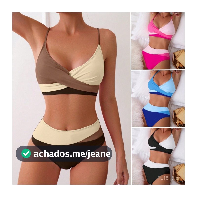 Conjunto de Biquíni Sexy de Cintura Alta para Mulheres com Design de Ponto Cruz e Bloqueio de Cores