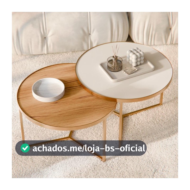 Kit 2 Mesas Mesinhas de Centro para Decoração Metal Dourada com Tampo de Vidro Off White e Tampo Lamina Cinamomo