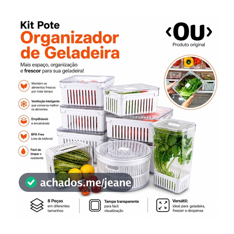 Kit Pote Organizador de Geladeira Com Escorredor Cesto Tampa Multiuso Alimentos Verdura Vegetais OU
