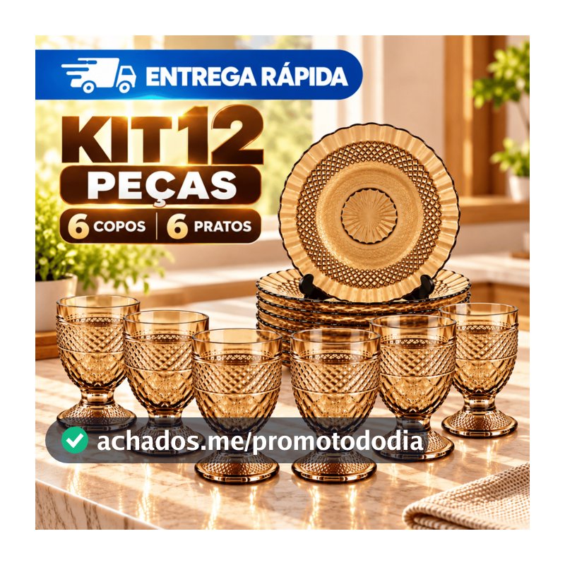 Jogo Mesa Completa 12 Peças 6 Pratos + 6 Taças 200ml Vidro Âmbar Trabalhado Vintage Jantar Almoço