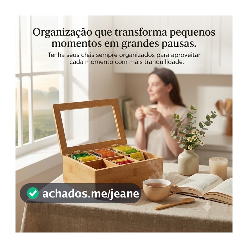 Organizador Porta Chá Sachê Bambu  Ou Mdf Madeira Caixa Decorativa Bijuterias 6 Divisórias Especiarias
