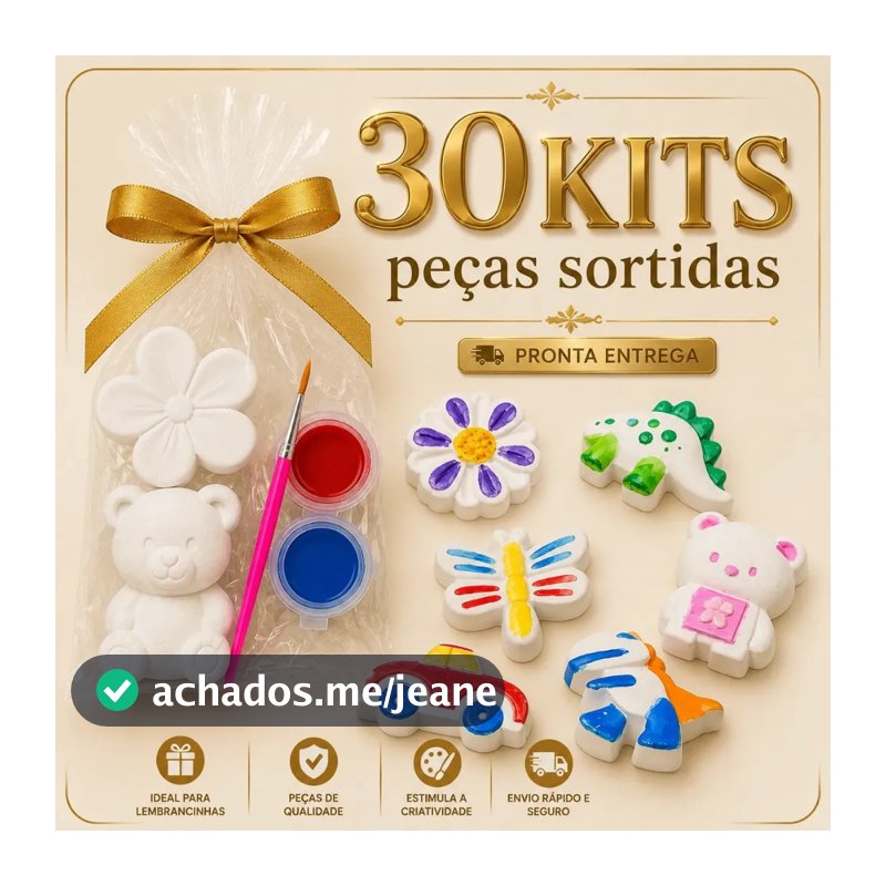 Kit 30 Lembrancinhas Infantil Gesso Cru + Pincel + Guaches Peças Sortidas Festas Aniversários