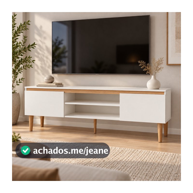 Rack Para TV Até 65 Polegadas 155 cm, Detalhe Amadeirado Claro, 2 Portas e Nicho Com Prateleira Grande ByHouse