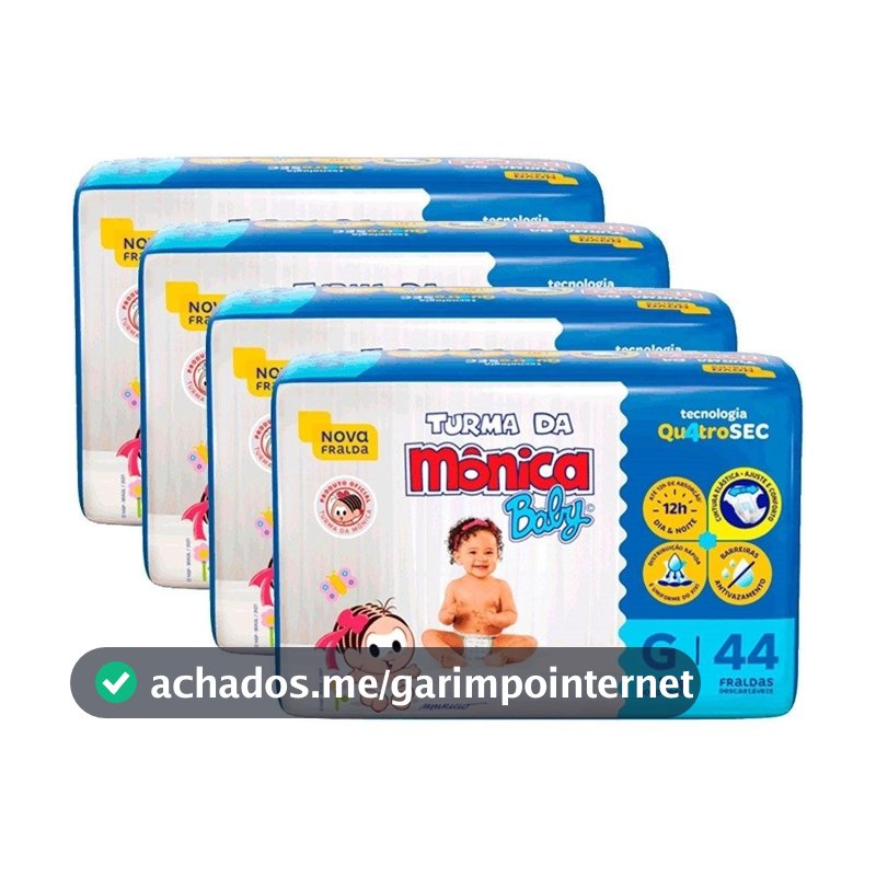 Fralda Descartável Turma da Mônica Tamanho G - 4 Pacotes com 44 Fraldas - Total 176 Tiras