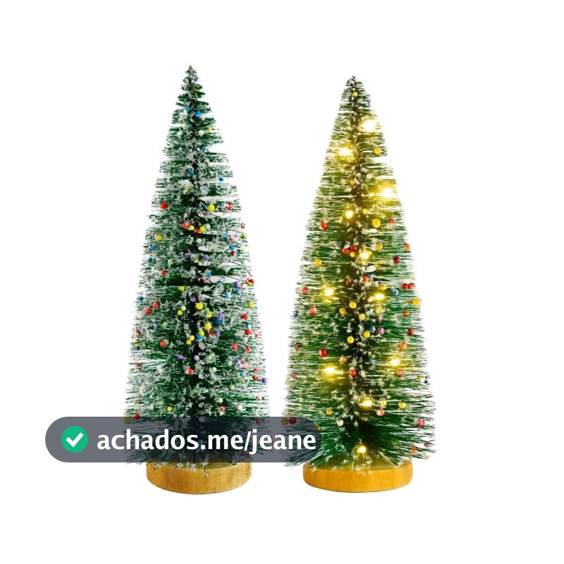 Kit 2 Mini Pinheiro de Mesa Iluminado 25cm Nevado com LED Sequencial e Base de Madeira
