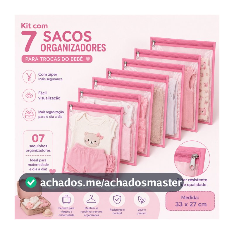 Kit 7 Saquinhos Maternidade Organizador Mala Bebê 27x33 Cm MALA/VIAGEM/ROUPA SECA e MOLHADA