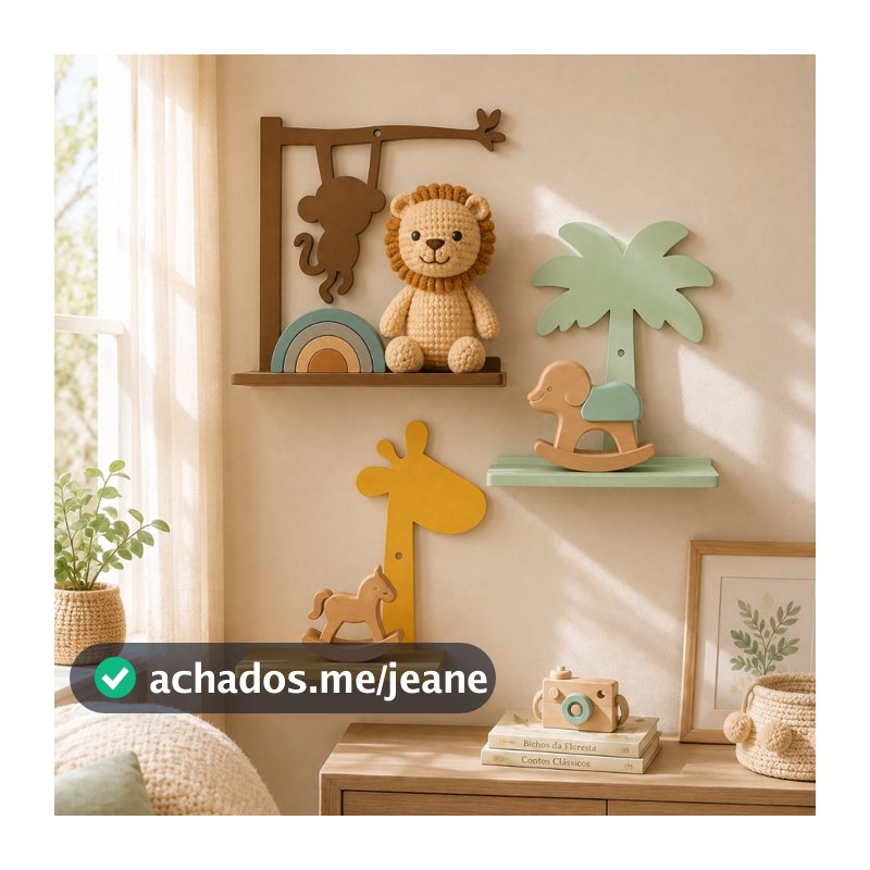 Trio Prateleiras Safari Infantil MDF Macaco Girafa Coqueiro Decoração Quarto Bebê