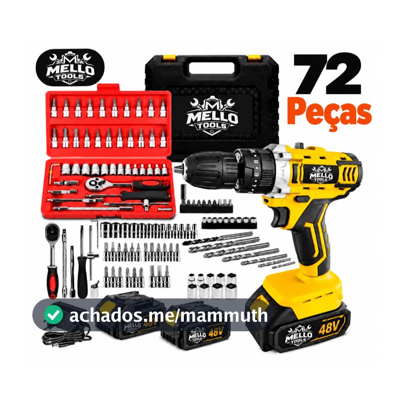 Parafusadeira Furadeira de Impacto 48V Sem Fio 2 Baterias 3 Funções com Maleta e 30 Acessórios Mello Tools