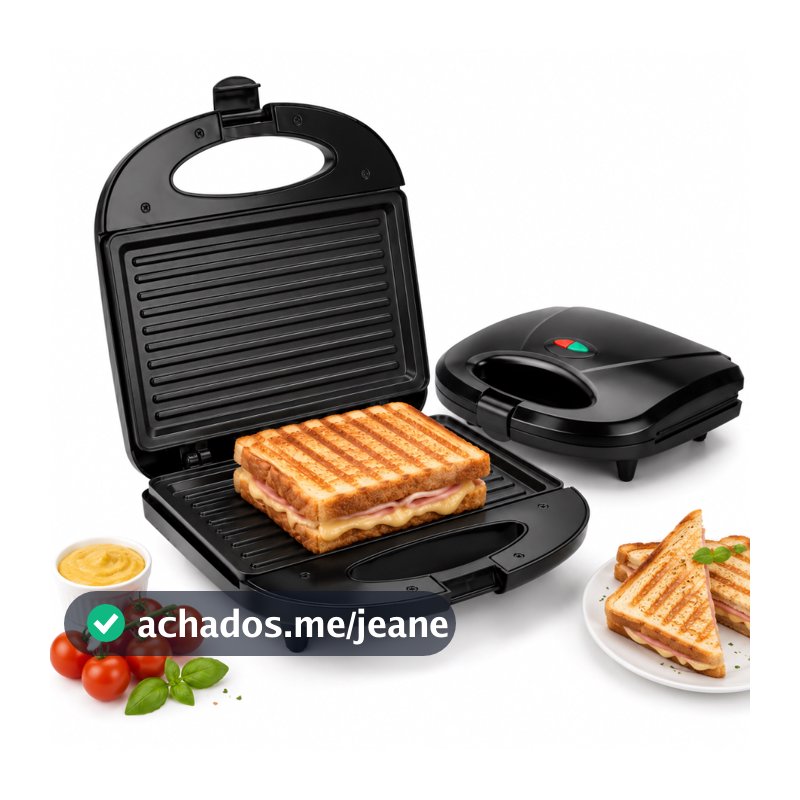 Sanduicheira Grill Elétrica 750W Antiaderente 2 Sanduíches Rápido 110V ou 220V Preto Termostato Automatico