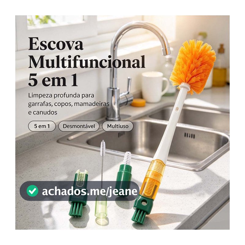Escova Multifuncional 5 em 1 para Limpeza de Copos, Garrafas Térmicas, Squeeze, Canudos e Mamadeiras
