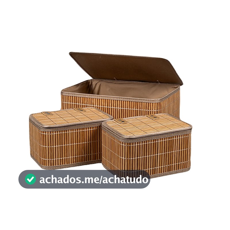 Conjunto 3 Caixa Cesto Organizador Retangular Bambu Tampa 23 36cm Marrom Decoração Casa Premium