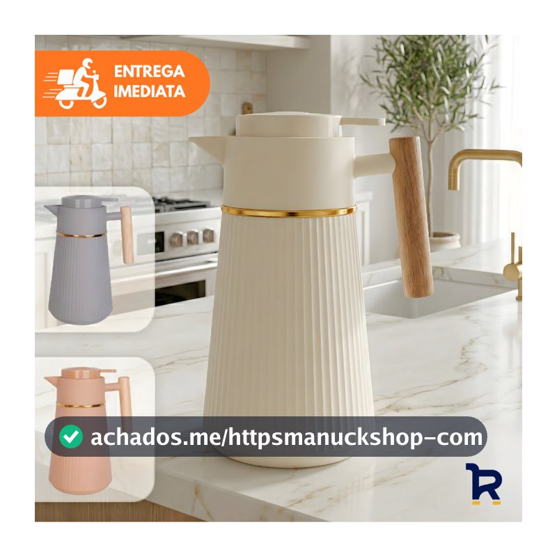 Garrafa Térmica Café Berlim 1L Luxo Dourada Cabo de Madeira Cafeteira Chá Água Decorativo Mesa Posta