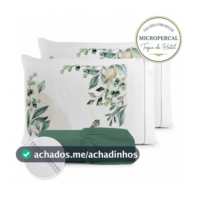 Jogo De Lençol Queen 3 Peças Micropercal Estampado Folhagem Toque Acetinado Com Elástico -CASAL/KING