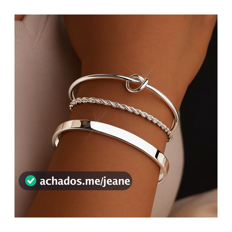Kit 3 pulseiras femininas em prata 925: pulseira com nó de coração + pulseira brilhante + pulseira de corda torcida