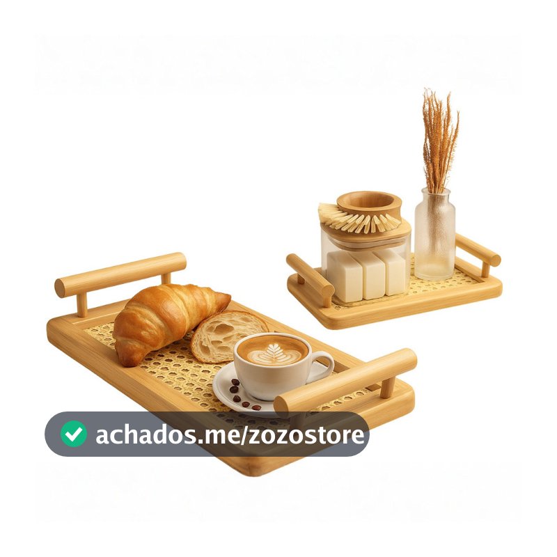 Bandeja de Madeira Bambu Palha C/ Alça Servir Café Decoração