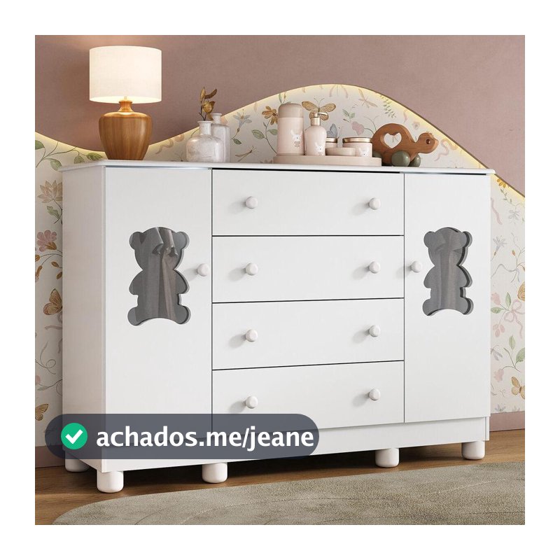 Cômoda Infantil para Bebê 125cm 2 Portas com Vidro e 4 Gavetas Fofura Multimóveis MP4485