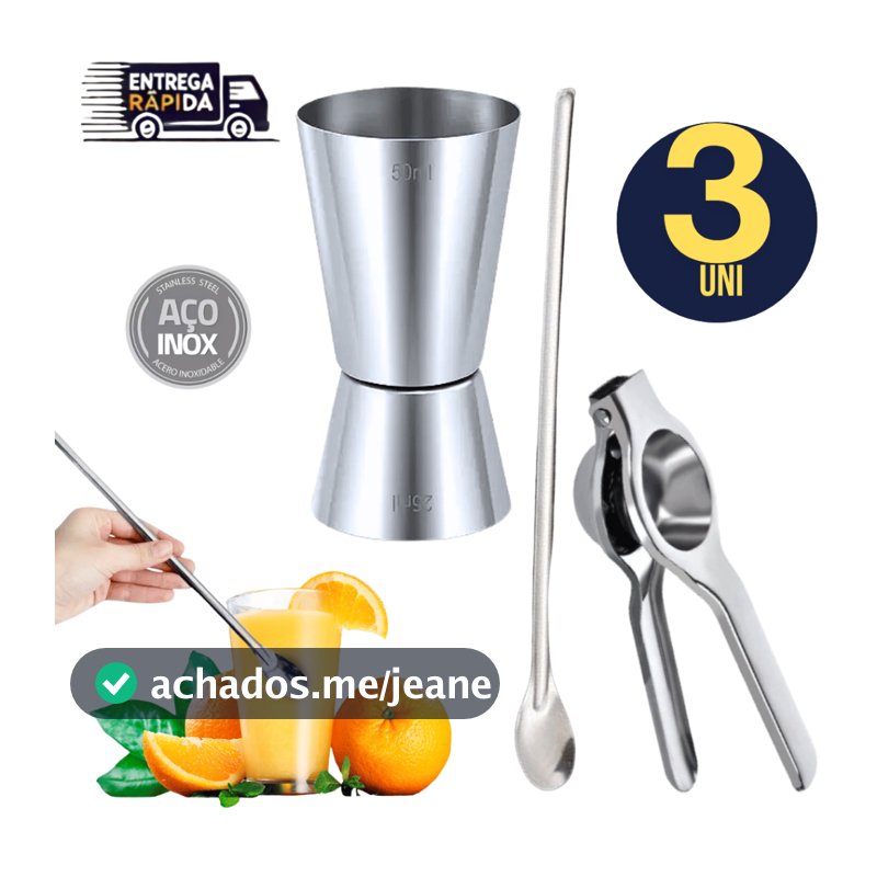 Conjunto 03 Unidades - Dosador Duplo Linha Premium + Espremedor de Limão Inox Colher para Suco 30cm Variáveis Utilidades