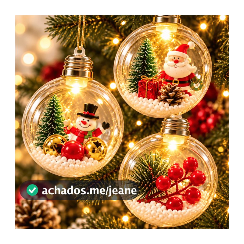 Kit Bolas Natal Luz Led Vazada Papai Noel Pendente Enfeite Globo Árvore Decoração Neve Natalina