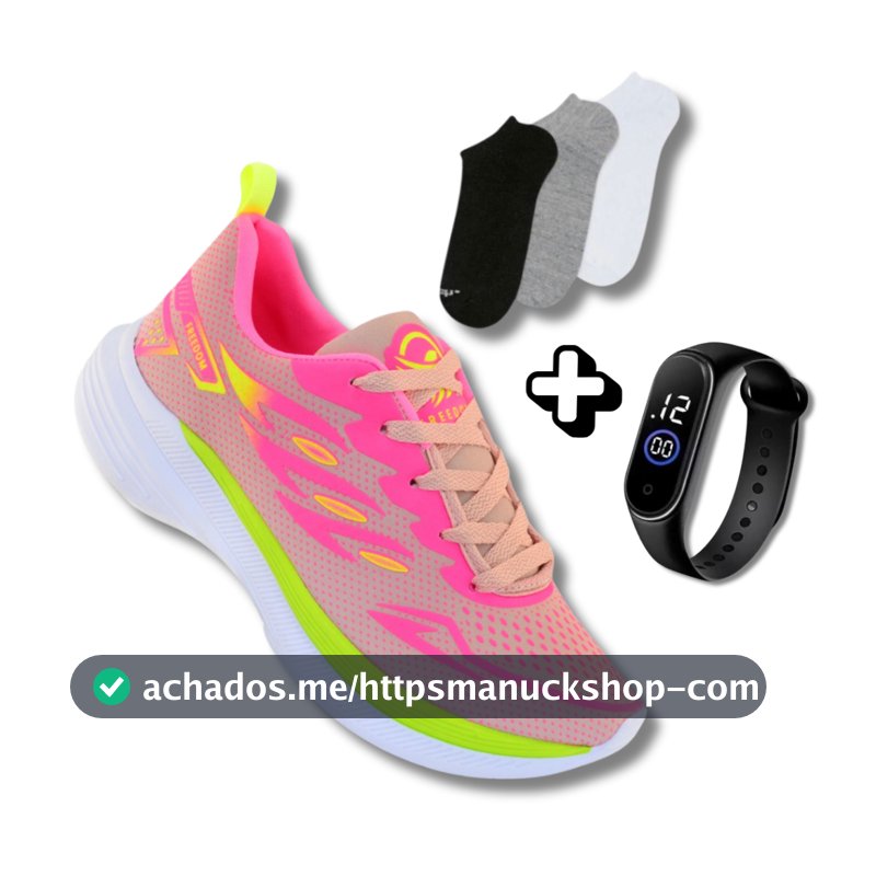 Tênis Esportivo Feminino + Meia + Relógio | Ideal Para Caminhada ou Academia