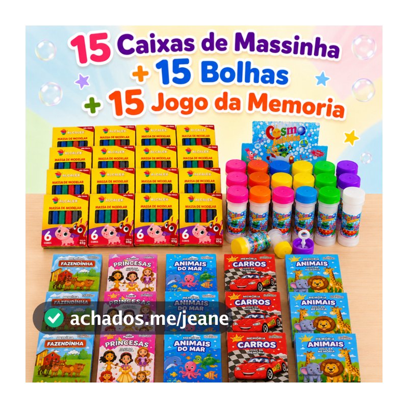 15 Caixas de Massinha de Modelar + 15 Bolha Sabão + 15 Jogo Memoria Infantil Kit Festa Lembrancinha Infantil
