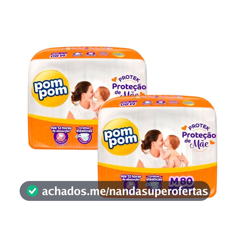 Kit 2 Fralda Descartável Pom Pom Protek Hiper M - 80 Unidades