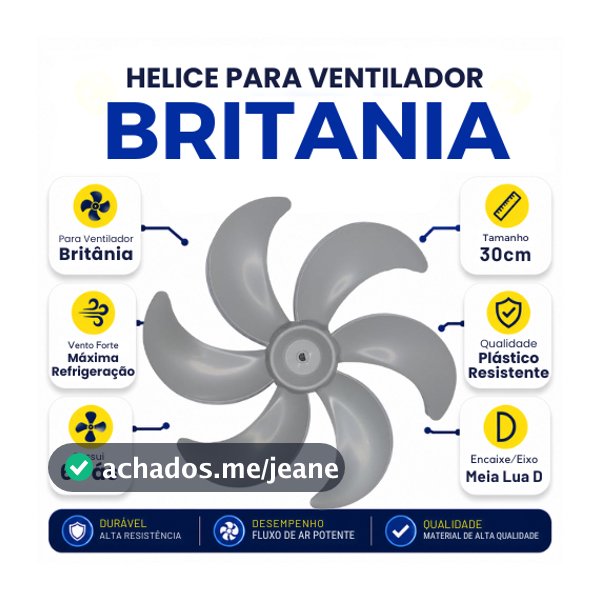 Hélice para Ventilador Britania 30cm 6 Pás B30 Bvt30 Protect Ventus 30 Six