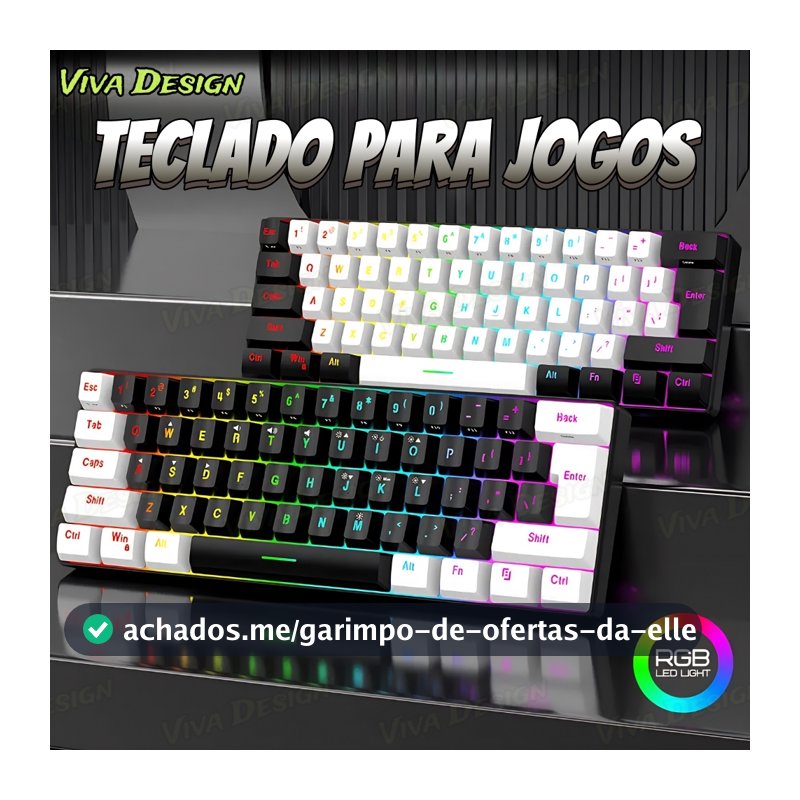 Teclado para jogos com fio 61-Key RGB Backlight Mini Compact USB-C Cabo de alimentação plugável Teclado de escritório