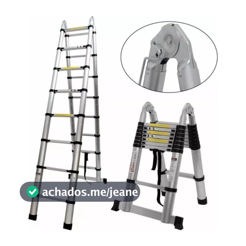 Escada Telescópica Dupla Nakasaki 3,8 Metros 13 Degraus Alumínio Multifuncional Dobrável Reforçada Suporta 150kg