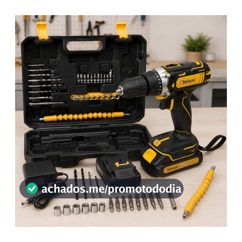 Parafusadeira Furadeira 25V Nakasaki Sem Fio a Bateria Profissional Kit Completo com Maleta