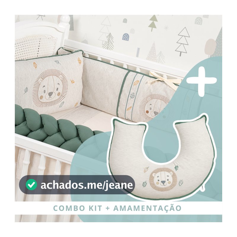 Kit Berço Luxo Leão Verde Linho 100% Algodão + Almofada Amamentação Luxo