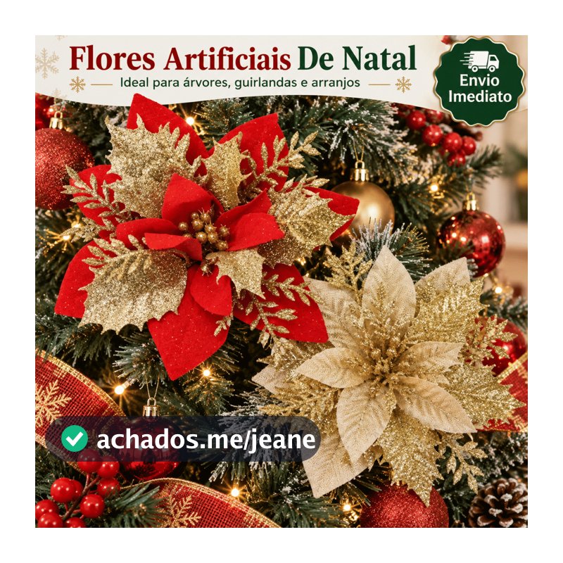 24 Flores de Natal 14cm Vermelha Dourada Brilhante com Glitter Enfeite Natalino para Árvore