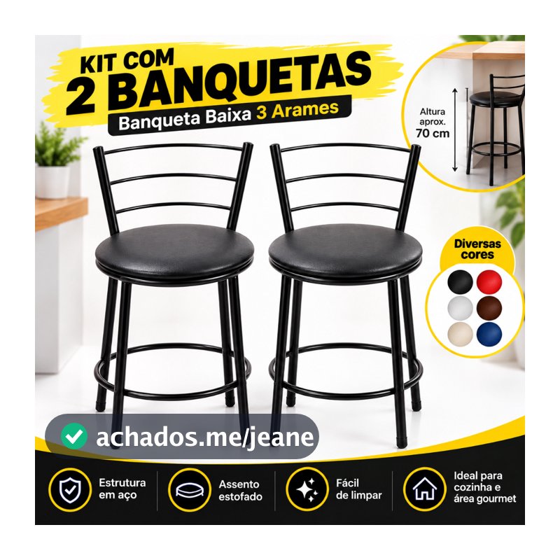 Kit 2 Banquetas Baixas 3 Arames Americana 70cm Cozinha Bancada Balcão Área Gourmet Assento Estofado Cadeira Bar