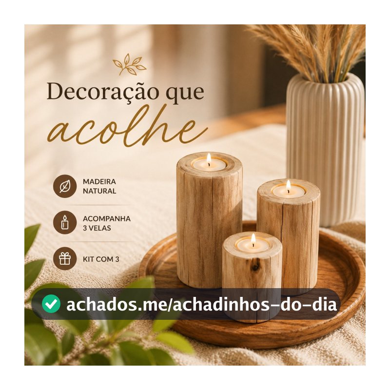Kit 3 Velas Decorativa De Madeira Castiçal Rústico Artesanal Para Mesa Sala Boho - Casa 67