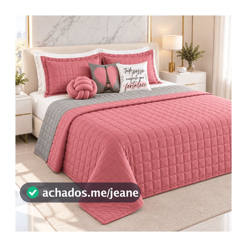 Kit Cobre Leito Paris Colcha Dupla Face 08 Peças Cama King Cinza com Rose