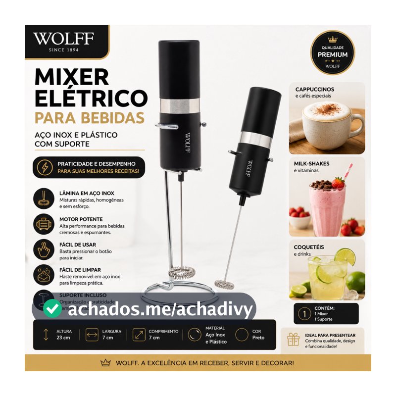 Mixer para Bebidas de Aço Inox e Plástico com Suporte - Wolff