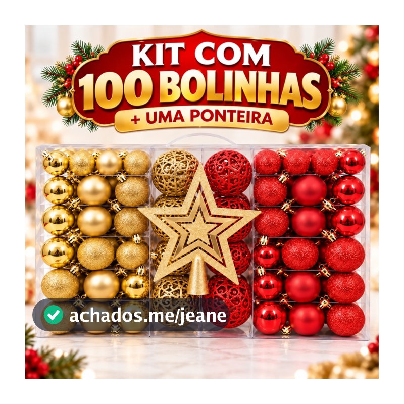 Kit 100 Bolinhas +1 Ponteira Estrela Enfeite Árvore De Natal  Mista Lisa Fosca Glitter Decoração Natalina