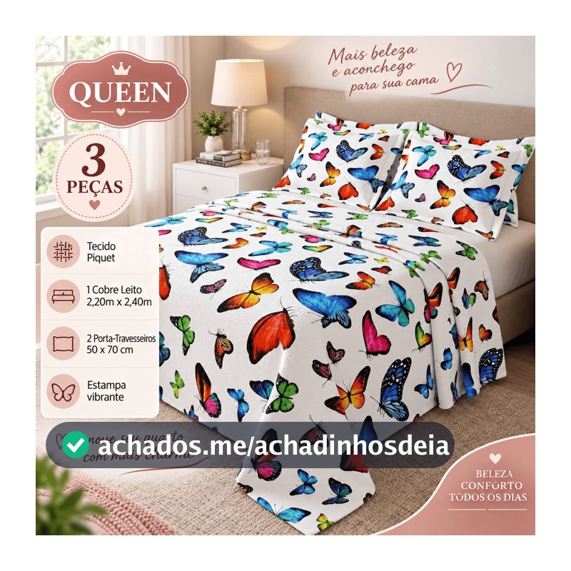 Cobre Leito Queen Estampado Piquet com 2 Porta Travesseiros