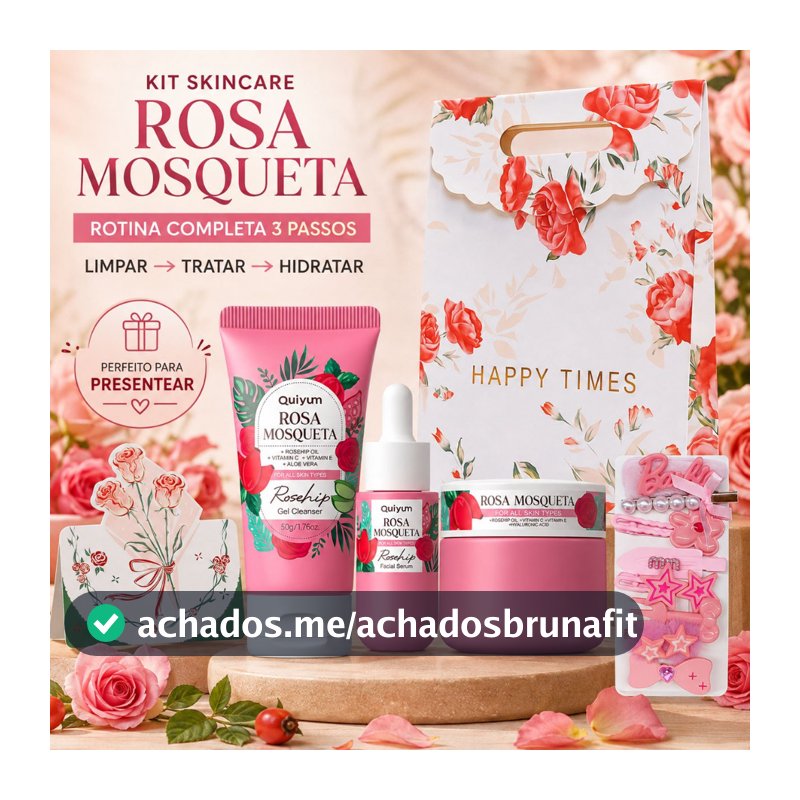 QUIYUM Kit Skincare Rosa Mosqueta 3 Peças - Limpeza, Sérum e Creme Facial - Kit Presente Feminino com Bolsa
