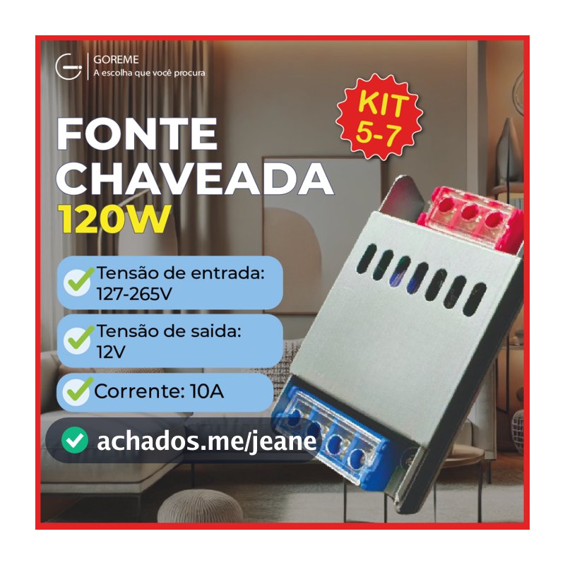 Kit 7 Fonte Chaveada 10A 12V 120W P/ Cftv Fita Led Som Automotivo Bivolt 110V-220V