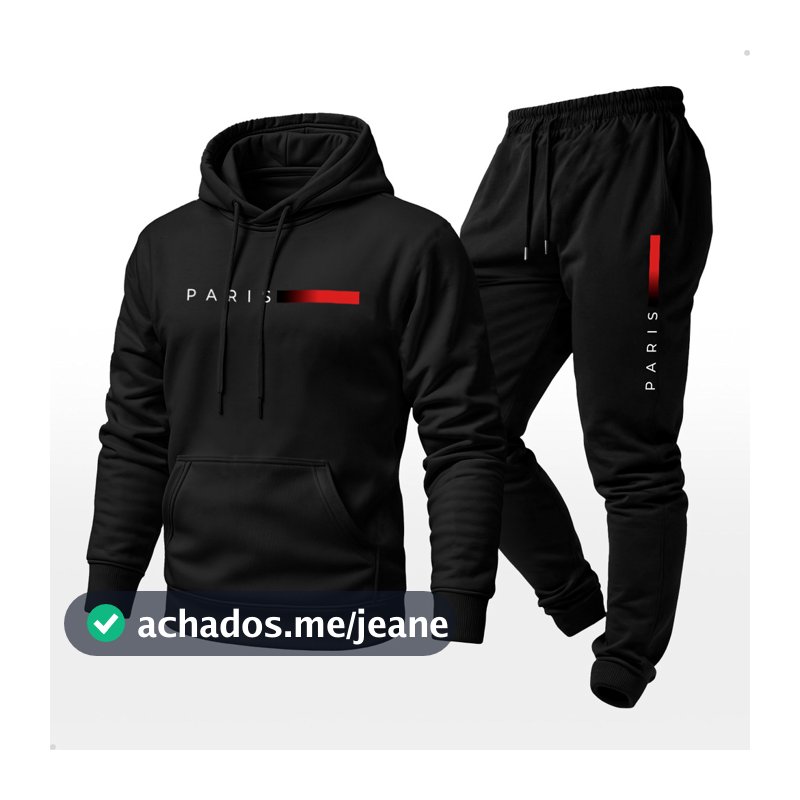 Conjunto Moletom Unissex Estampado Paris Calça e Blusa Com Capuz Bolso Canguru
